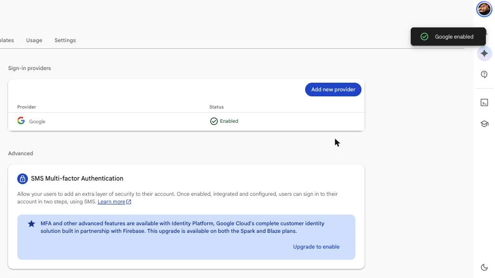 התחברות עם Google הופעלה ב־Firebase